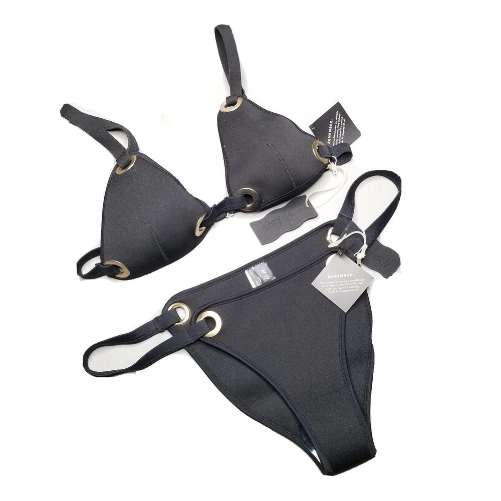 Nasty Gal black 2 pc bikini set womens large swimsuit scuba grommet in hot water - Picture 2 of 12